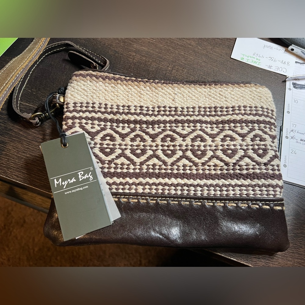 Myra bag canvas & leather pouch bag w leather wristlet